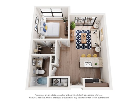 A 3D floor plan of a small apartment with a kitchen, living room, and bathroom.